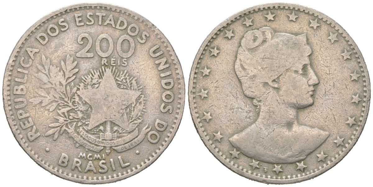 Бразилия 200 реалов 1901 MCMI, голова свободы вправо KM 504 медно-никель 4612-216