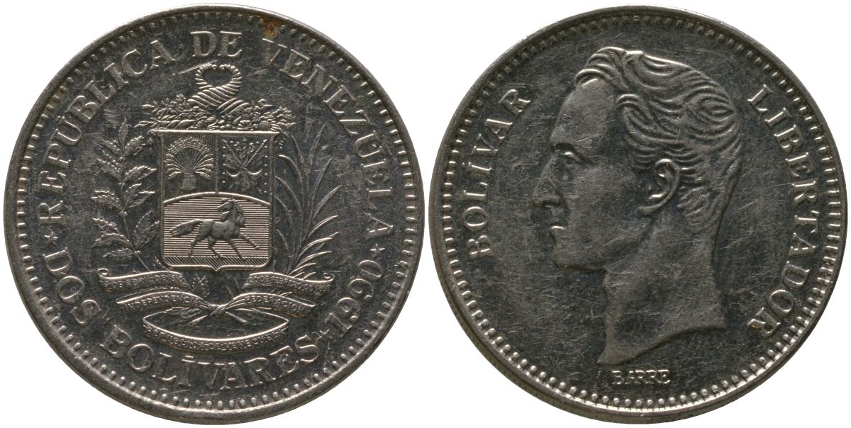 Венесуэла 2 боливара 1990 Combinations : 1 + A, Caracas mint KM 43a.1 сталь плакированная никелем 4529-352