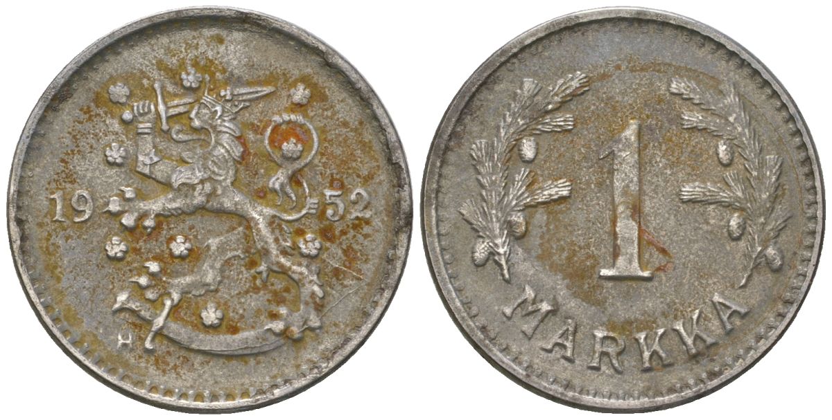 Финляндия 1 марка 1952 H KM 30b железо 4173-1062