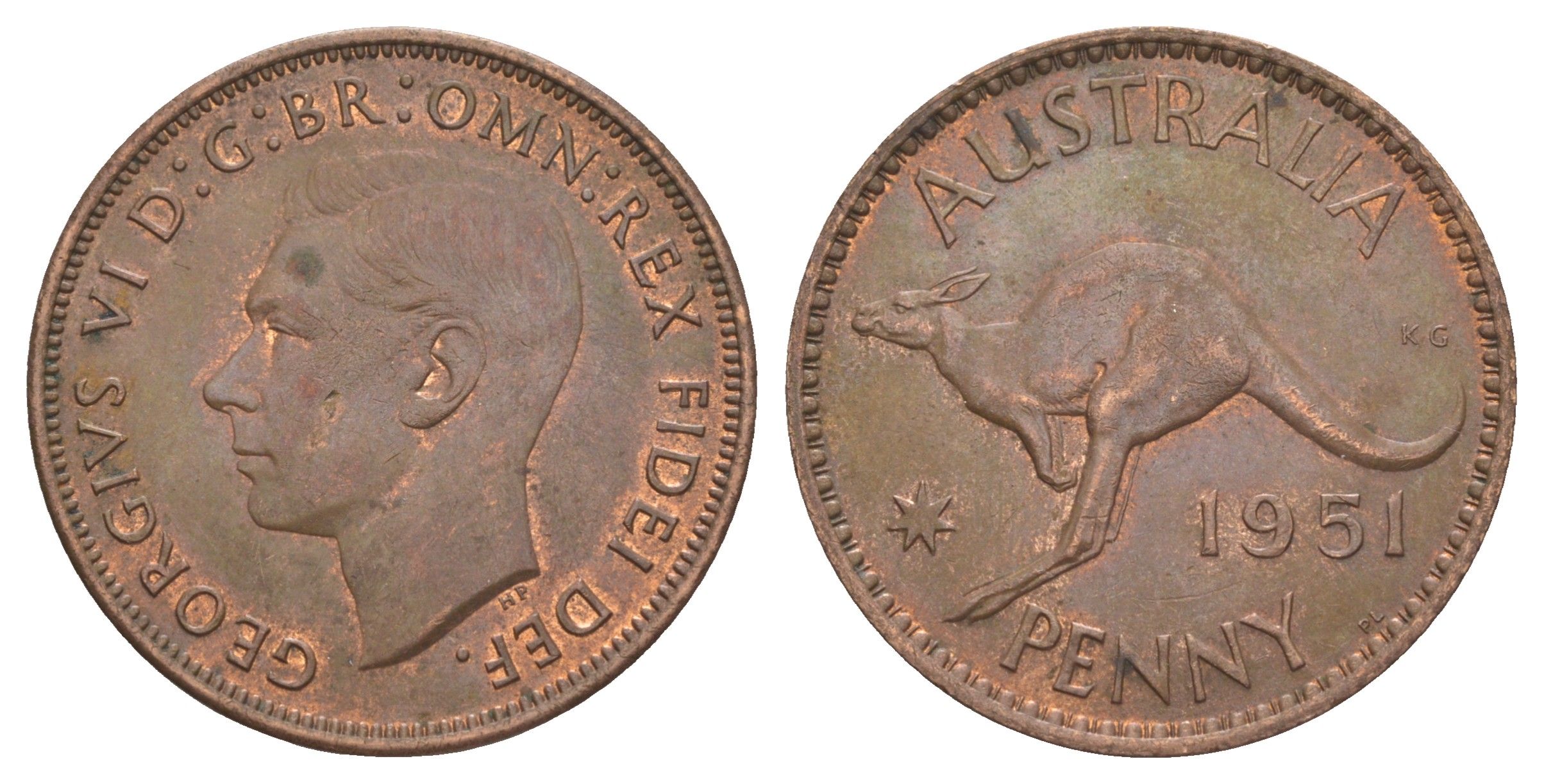 Австралия 1 пенни 1951 PL, Георг VI (1936-1952), кенгуру KM 43 бронза aUNC 82-311