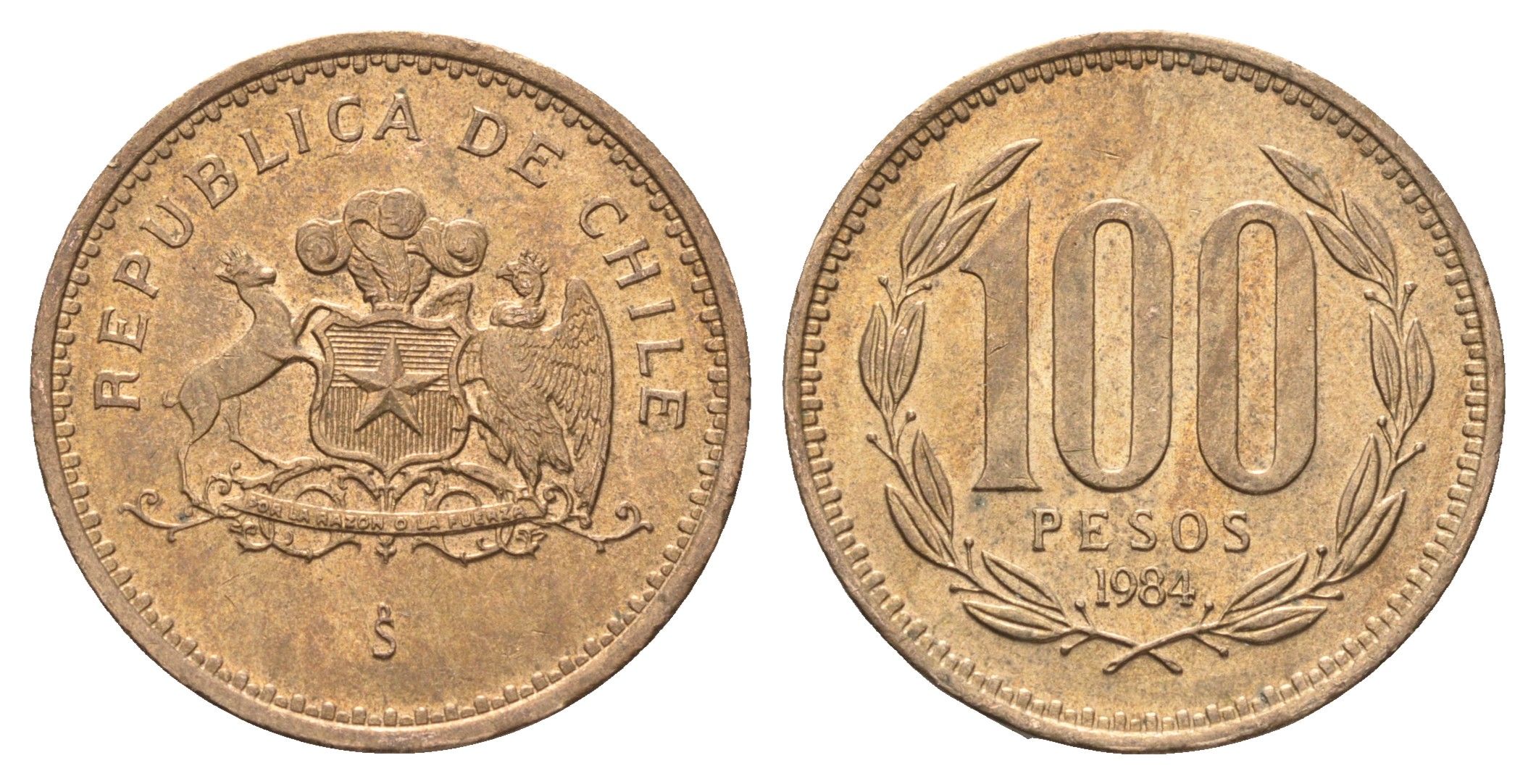 Чили 100 песо 1984 KM 226 алюминиевая бронза UNC 4663-421