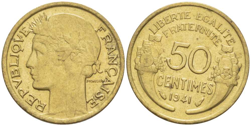 Франция 50 сантимов 1941 тип Морлон KM 894.1, Le Franc 192.18 алюминиевая бронза 201-858
