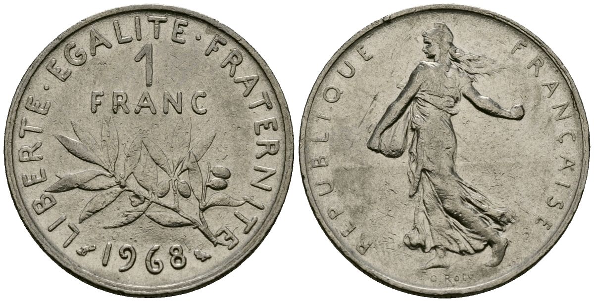 Франция 1 франк 1968 сеятель KM 925 никель 4135-826