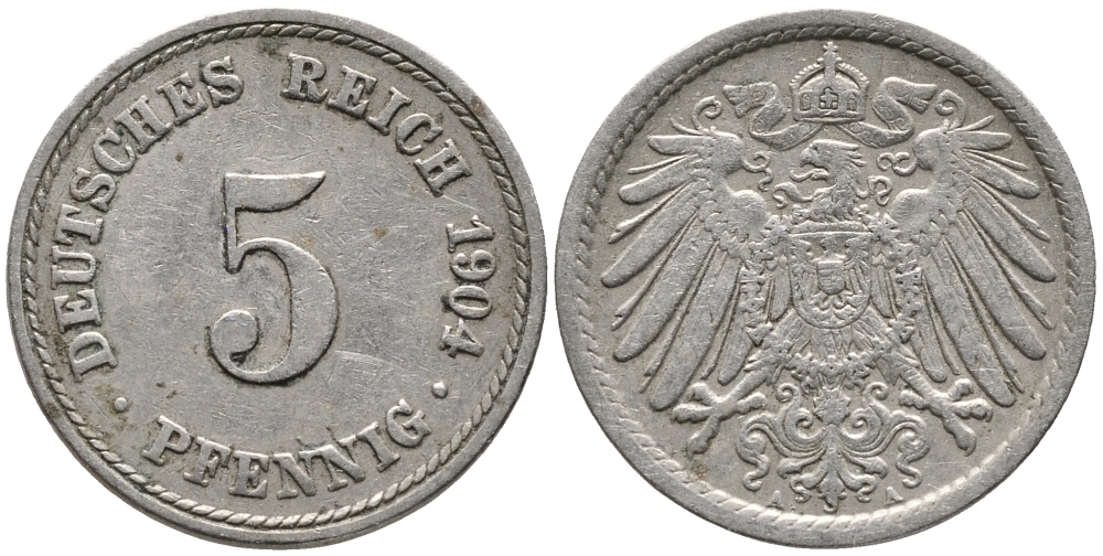 ГЕРМАНИЯ 5 ПФЕННИГОВ 1904 А, KM 11, J. 12 медно-никель 100-622