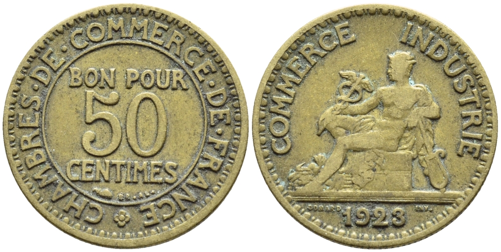 ФРАНЦИЯ 50 САНТИМОВ 1923 CHAMBRES DE COMMERCE KM 834, LE FRANC 191.6 алюминиевая бронза 4392-732