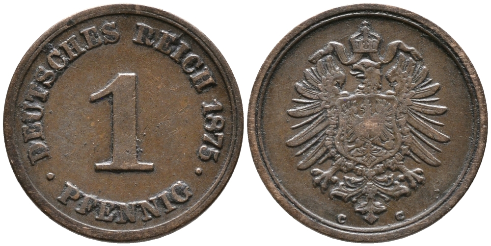ГЕРМАНИЯ 1 ПФЕННИГ 1875 С, СТАРОГЕРБОВКА KM 1, J. 1 медь 100-629