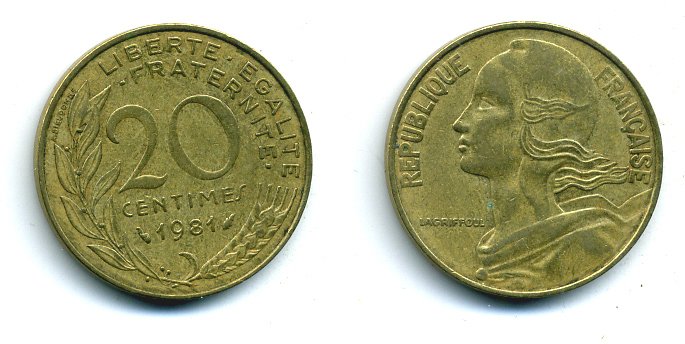 ФРАНЦИЯ 20 САНТИМОВ 1981 KM 930 медь алюминий никель 25-2333
