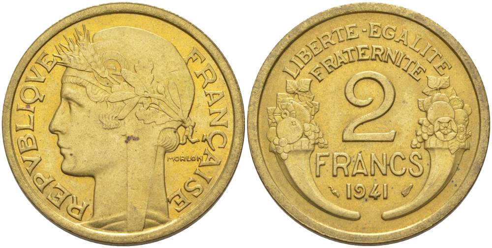 ФРАНЦИЯ 2 ФРАНКА 1941 ТИП MORLON KM 886, LE FRANC 268.14 алюминиевая бронза 3855-216