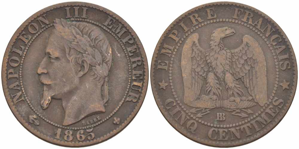 ФРАНЦИЯ 5 САНТИМОВ 1865 BB, НАПОЛЕОН III (1852-1870) KM 797.2, LE FRANC 117.15 бронза 108-614
