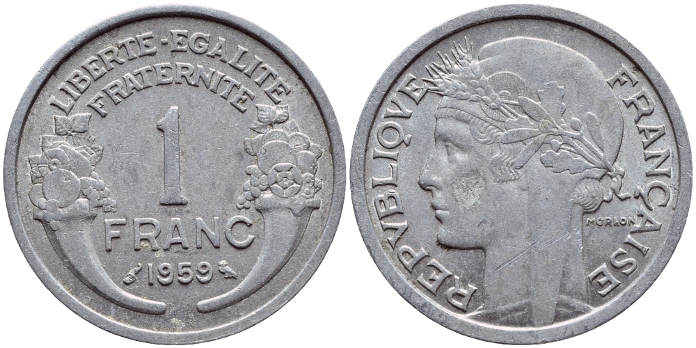 ФРАНЦИЯ 1 ФРАНК 1959 ТИП MORLON, LEGERE KM 885a.1, LE FRANC 221.23 алюминий 4397-716