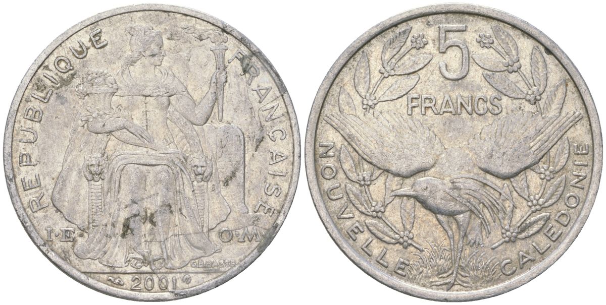 Французская Новая Каледония 5 франков 2001 птица кагу, (IEOM) KM 16, Schoen 12, Lec 81f алюминий 189-444