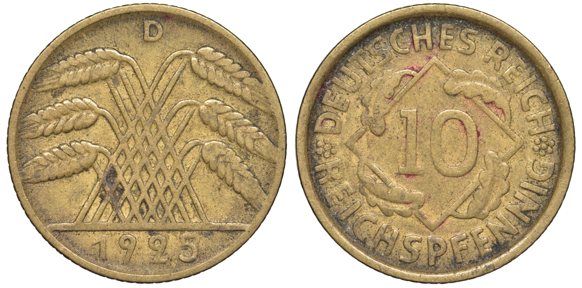 Германия 10 рейхспфеннигов 1925 D KM 40, J. 317 алюминиевая бронза 4604-657