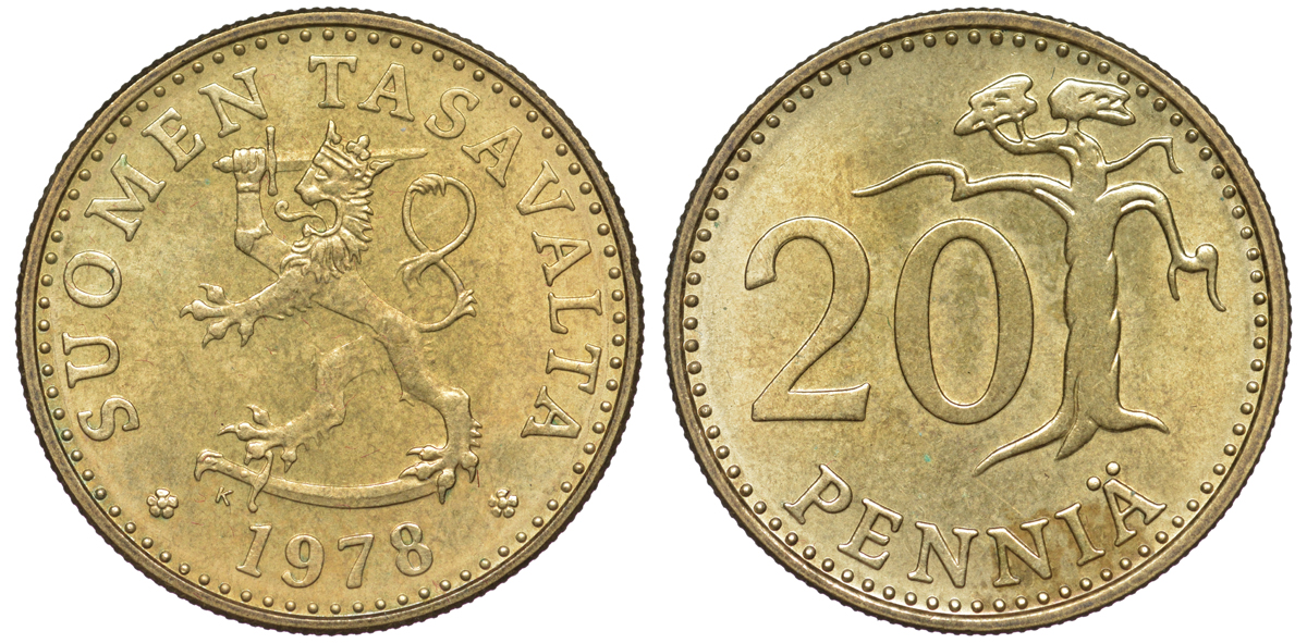 Финляндия 20 пенни 1978 K KM 47 алюминиевая бронза UNC 259-541