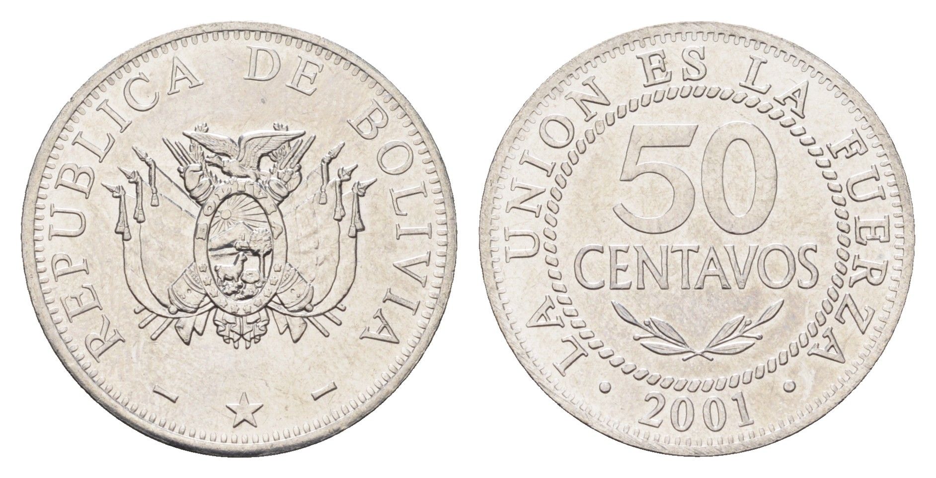 Боливия 50 сентаво 2001 KM 204 нержавеющая сталь UNC 4662-523