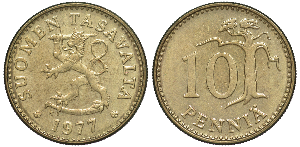 ФИНЛЯНДИЯ 10 ПЕННИ 1977 K KM 46 алюминиевая бронза 3334-1134