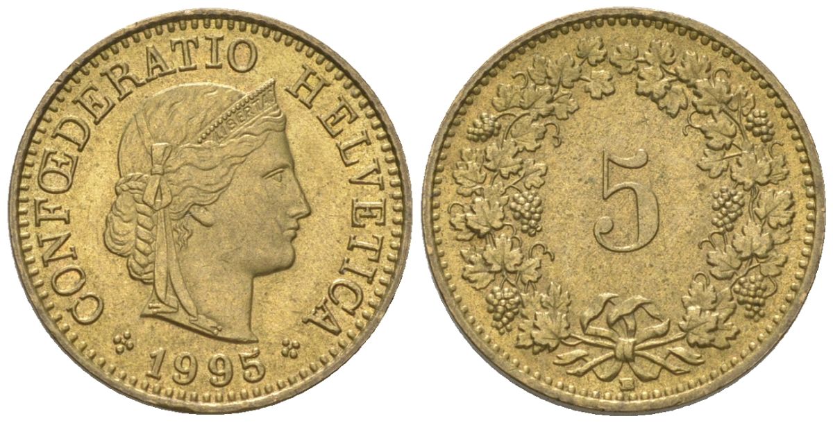Швейцария 5 раппенов 1995 B KM 26c алюминиевая бронза aUNC 4115-1258