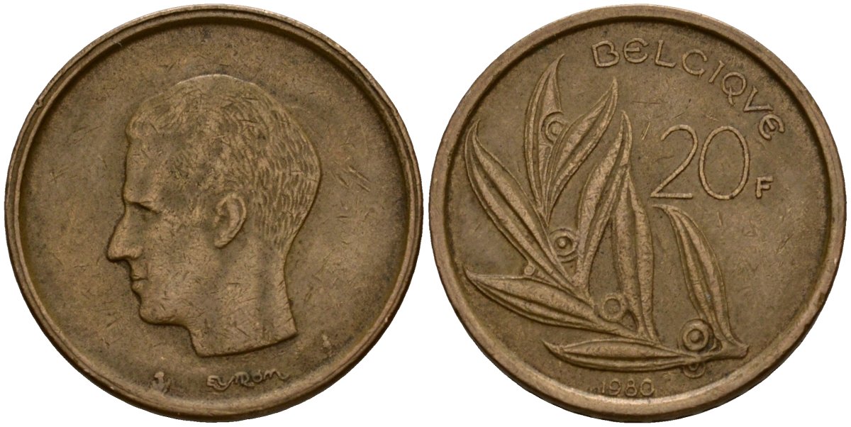 Бельгия 20 франков 1980 Belgique, Бодуэн I (1951-1993) KM 159 никель бронза 4601-326