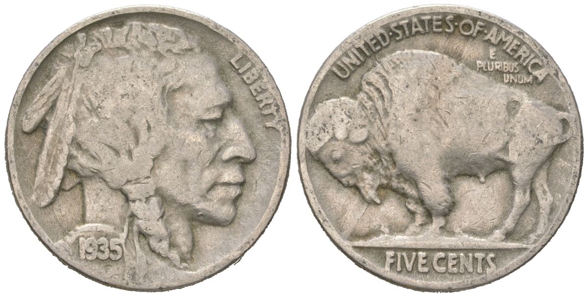 США 5 центов 1935 индеец, бизон KM 134 медно-никель 4614-1163
