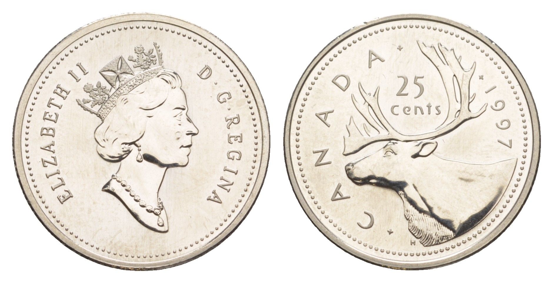 Канада 25 центов 1997 Елизавета II (1952-2022), олень, specimen KM 184 никель BU 4638-545