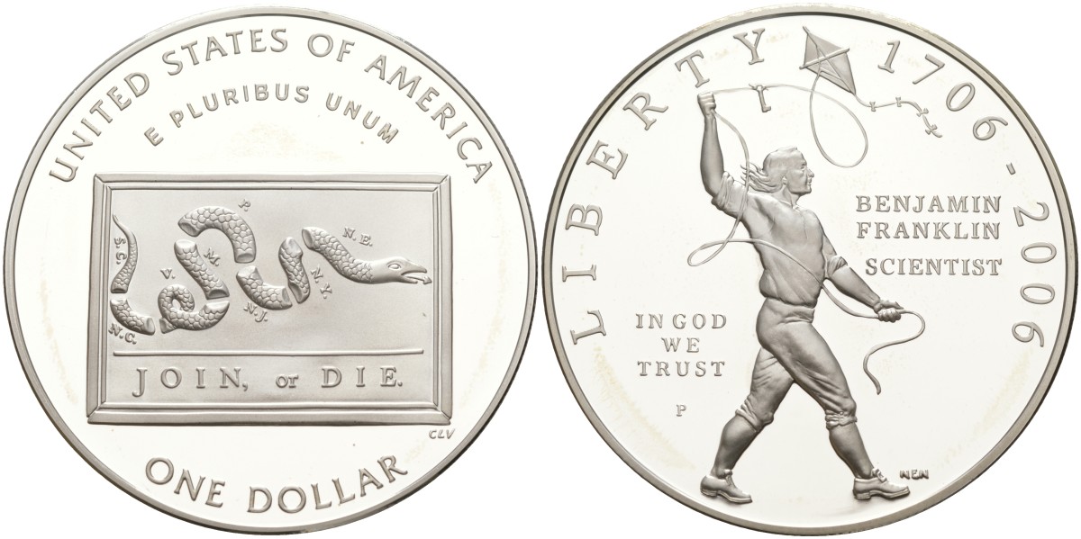 США 1 доллар 2006 Р, 300 лет со дня рождения Бенджамина Франклина, в оригинальной коробке, сертификат KM 387 серебро PROOF 00-00