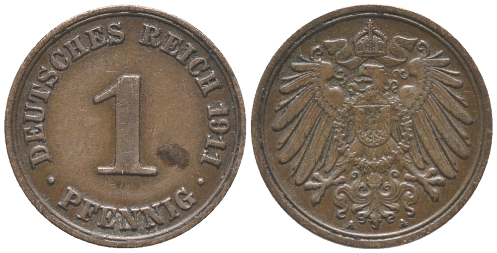 Германия 1 пфенниг 1911 A KM 10, J. 10, Weege 2 медь 100-869
