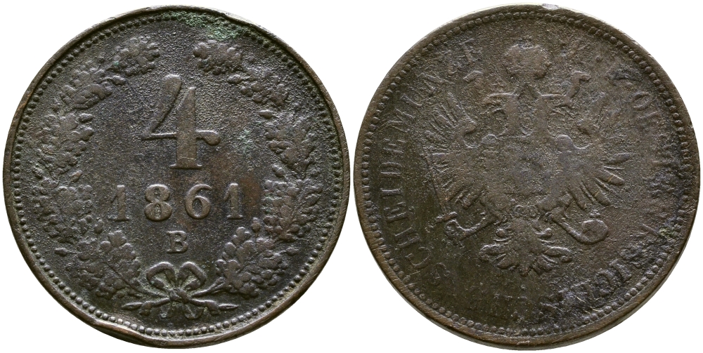 АВСТРИЯ 4 КРЕЙЦЕРА 1861 B, ФРАНЦ ИОСИФ (1848-1916) KM 2194 медь 4385-424