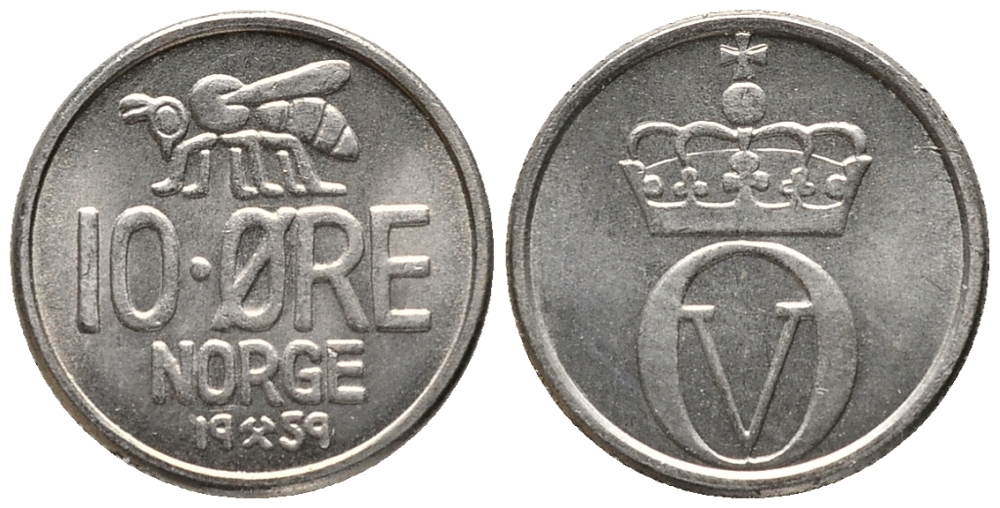 НОРВЕГИЯ 10 ЭРЕ 1959 ПЧЕЛА, УЛАФ V (1957-1991) KM 411 медно-никель 66-149