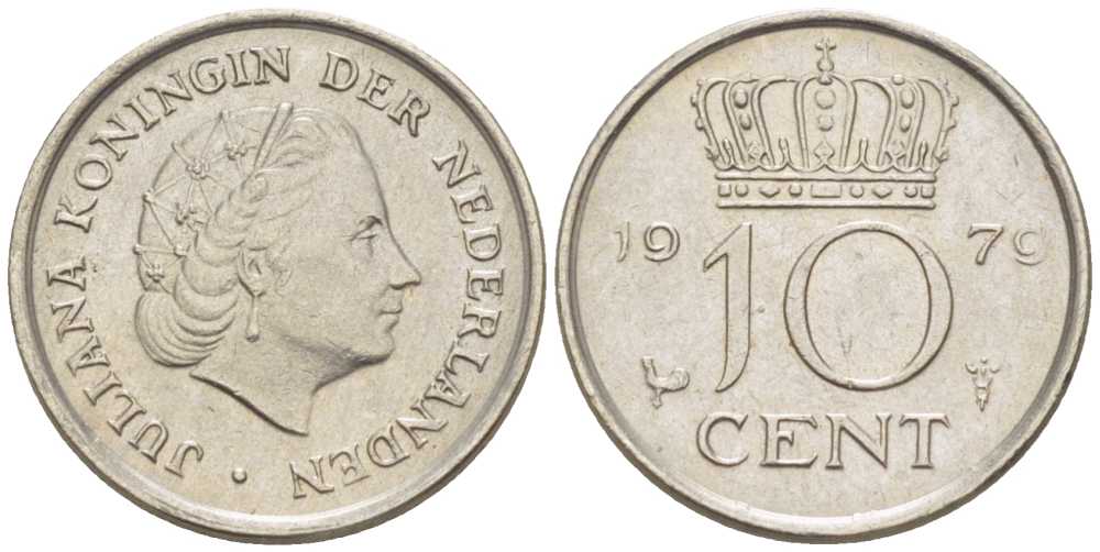 НИДЕРЛАНДЫ 10 ЦЕНТОВ 1979 ЮЛИАНА (1948-1980) KM 182 никель 211-1244