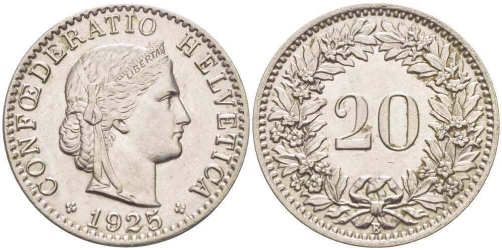 Швейцария 20 раппенов 1925 В KM 29 никель aUNC 4513-254