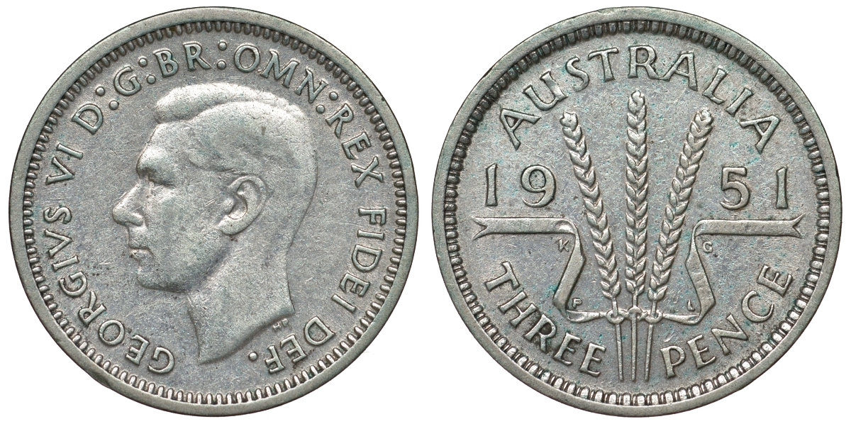 Австралия 3 пенса 1951 m, Георг VI (1937-1952), без букв KM 44 серебро 71-329