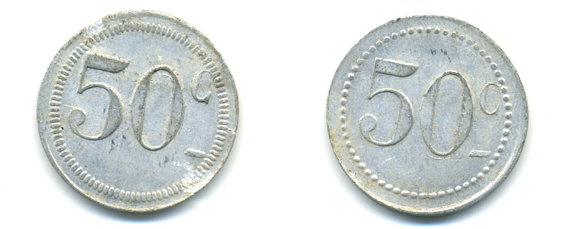 ФРАНЦИЯ 50 САНТИМОВ НАЧАЛО XX ВЕКА d 24 мм, вес около 1,0 гр., платежный жетон алюминий 89-747