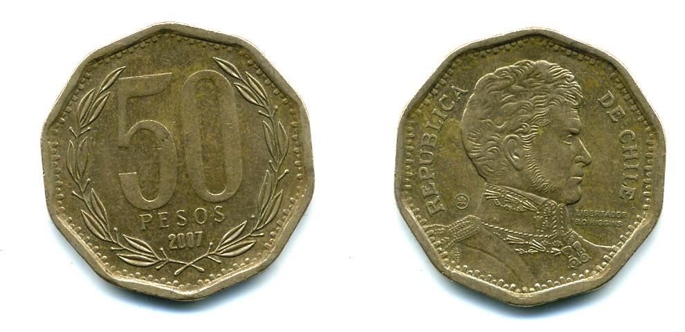 Чили 50 песо 2007 Бернардо О’Хиггинс KM 219.2 алюминиевая бронза 35-535