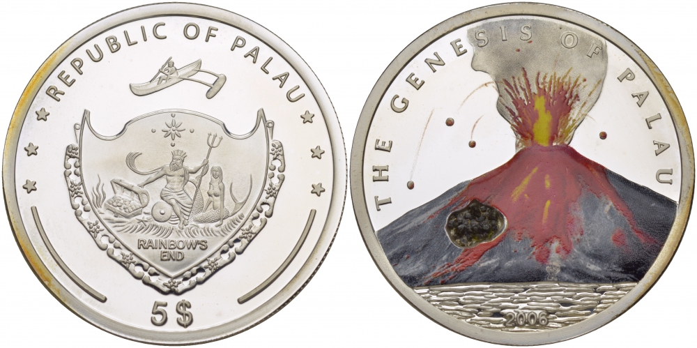Палау 5 долларов 2006 вулканы Палау, цветная эмаль, лава!!! Тираж 2500 экземпляров серебро PROOF 1071-5-62