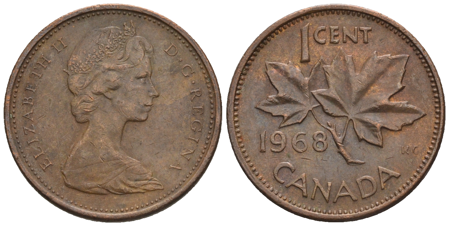 Канада 1 цент 1968 Елизавета II (1952-2022), кленовый лист KM 59.1 бронза 4609-131