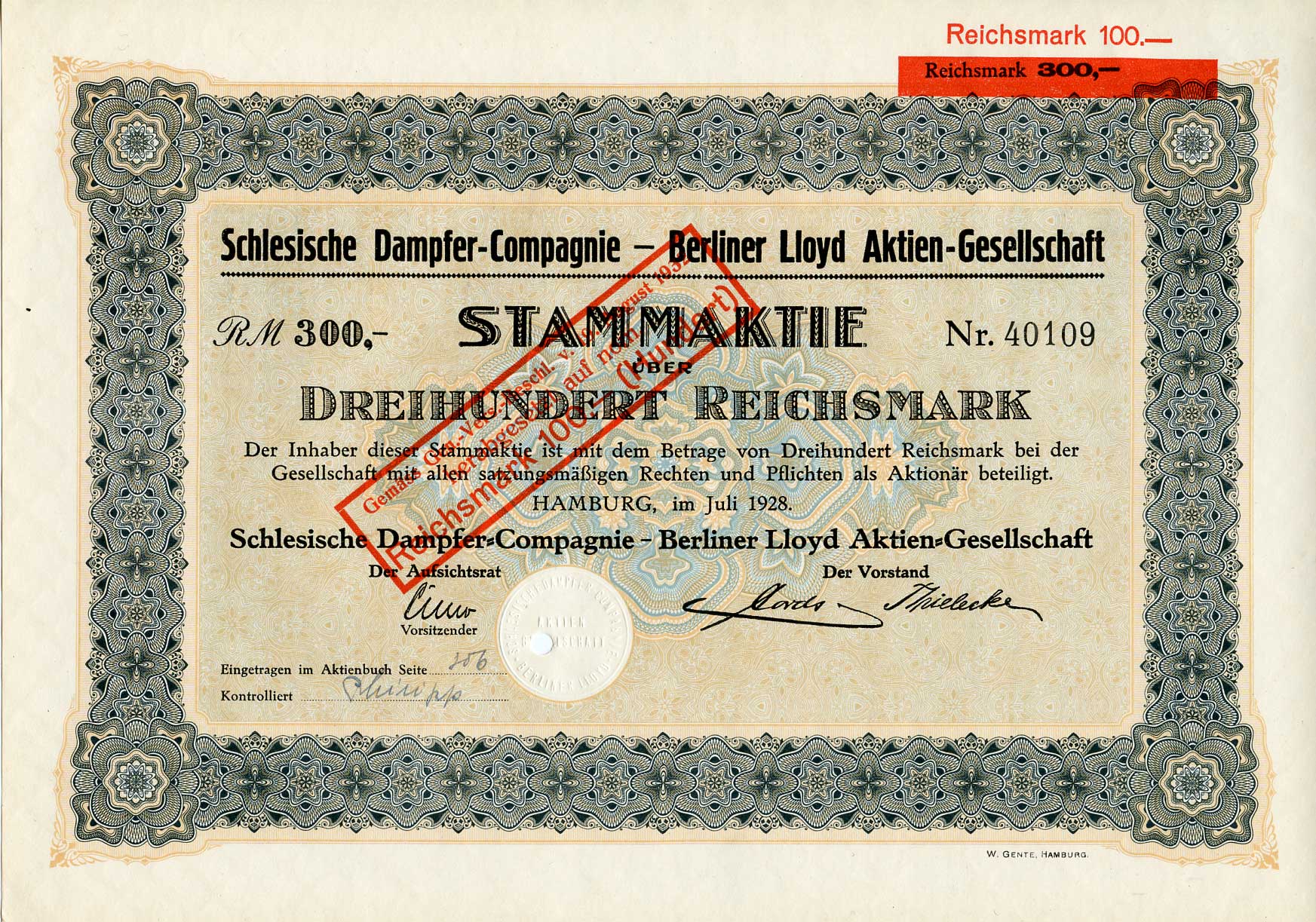 Германия 300 рейхсмарок 1928 Силезская пароходная компания, АО Берлинского Ллойда, акция   бумага   8801-23-1