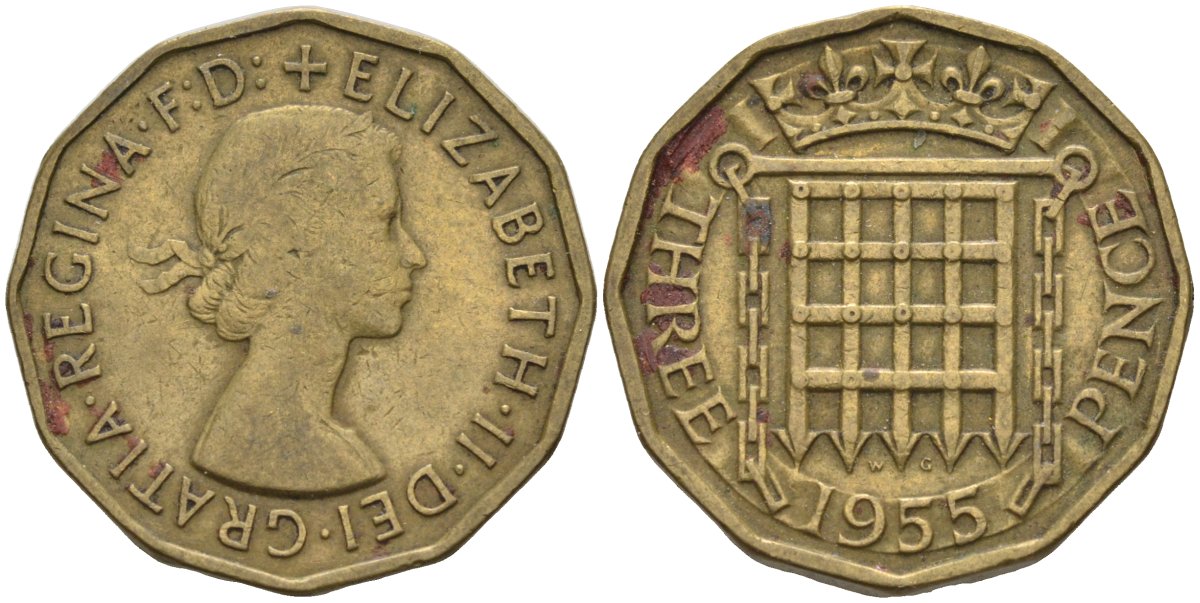 Великобритания 3 пенса 1955 Елизавета II (1952-2022) KM 900, Spink 4153 никель латунь 4114-246