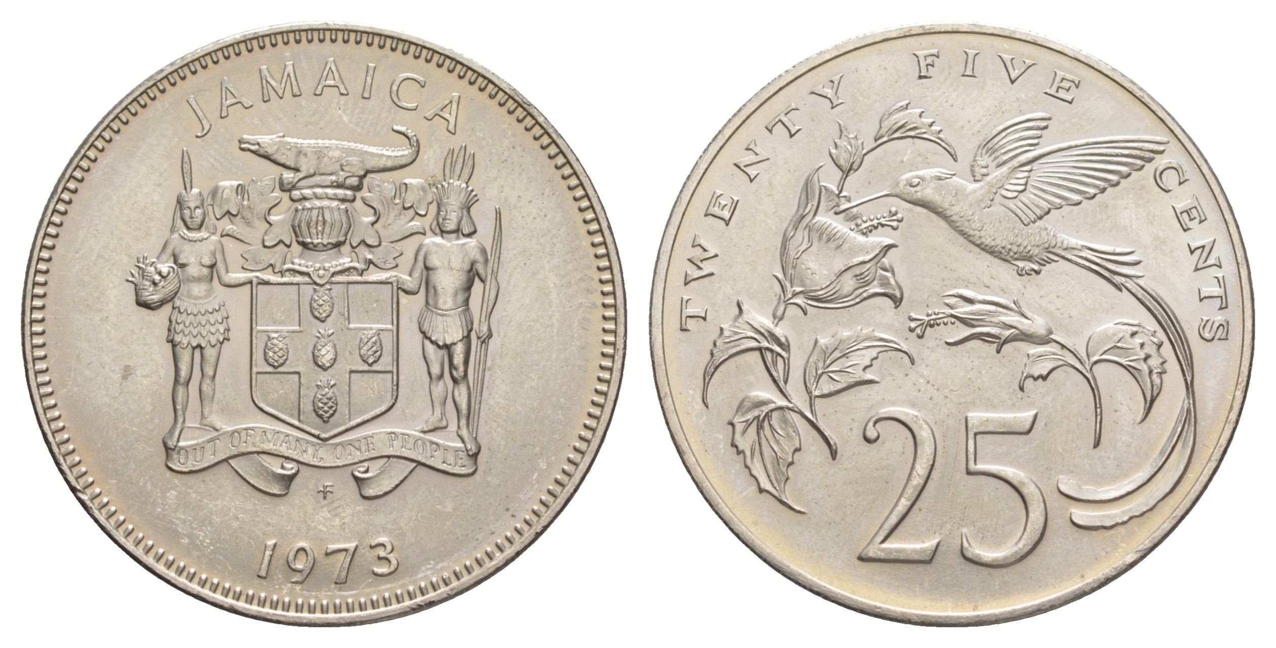 Ямайка 25 центов 1973 FM, тираж 13.000 экземпляра KM 56 медно-никель BU 4634-646