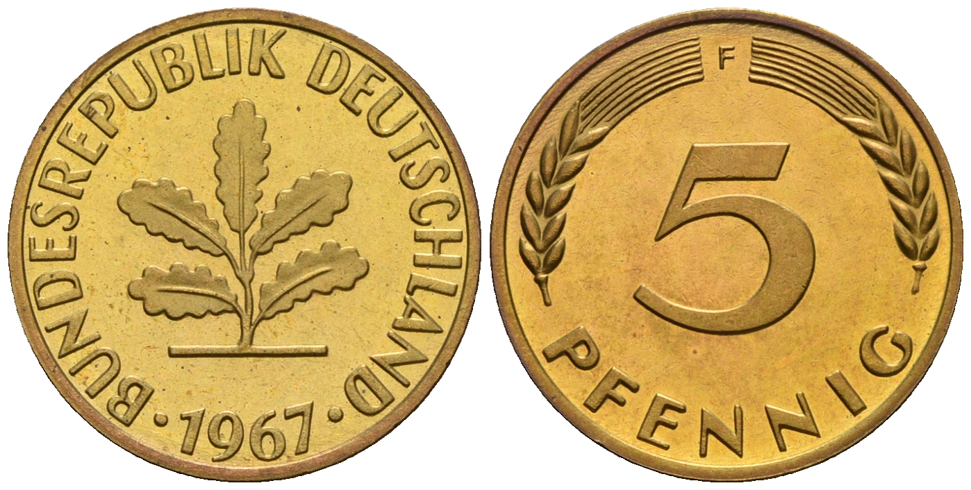 ФРГ 5 пфеннигов 1967 F KM 107, J. 382 сталь плакированная латунью PROOF 1094-7-21