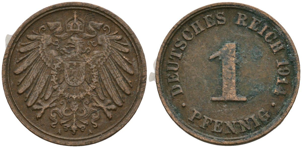 Германия 1 пфенниг 1911 A, Вильгельм II (1888-1918) KM 10, J. 10 медь 4608-117