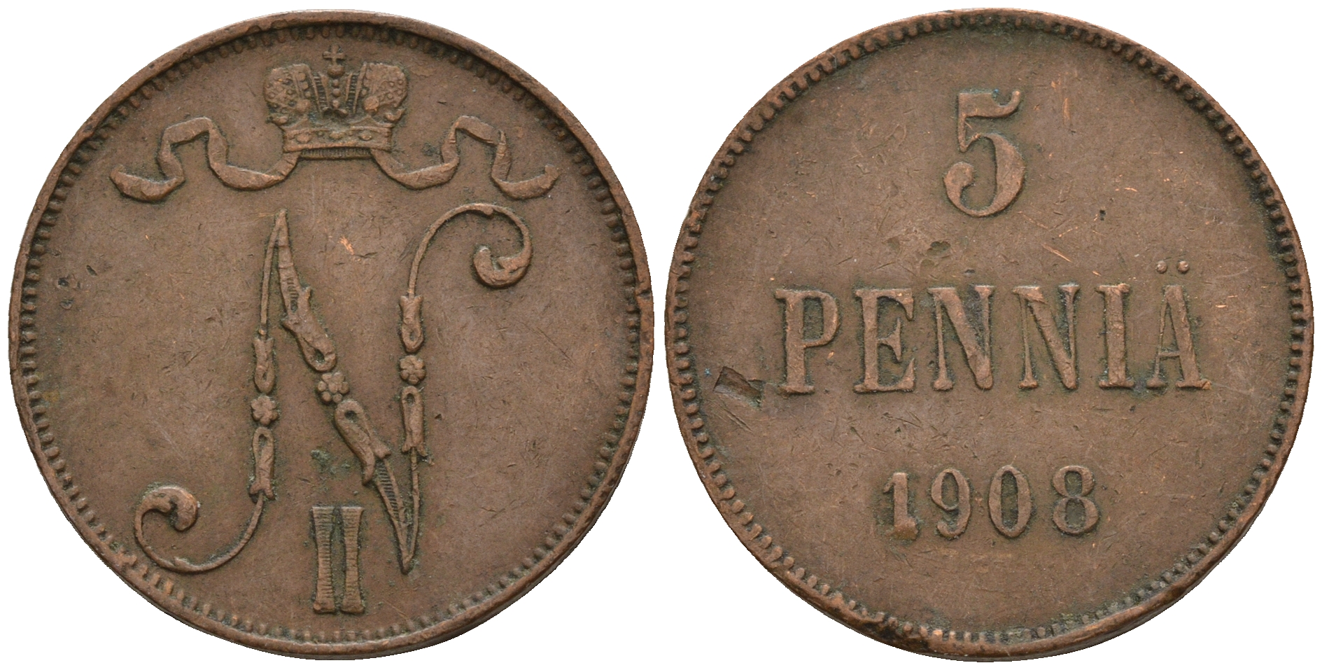 Россия для Финляндии 5 пенни 1908 Николай II (1894-1917) KM 15, Биткин 449 медь 259-1146