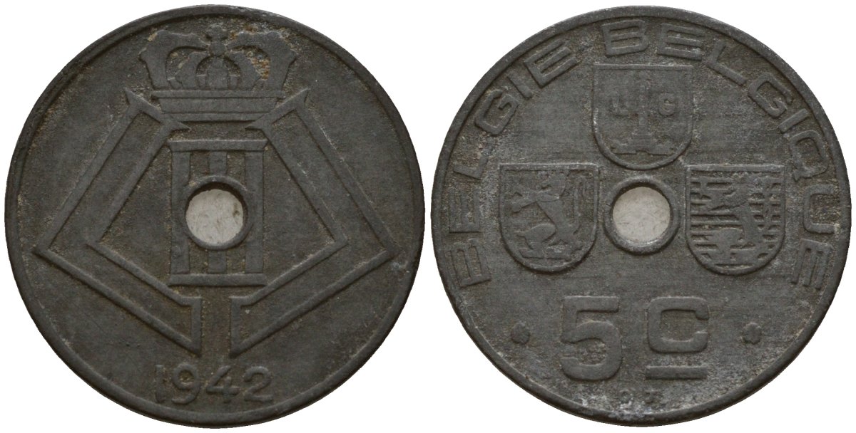 Бельгия 5 сантимов 1942 Belgie - Belgique, Леопольд III (1934-1947), германская оккупация, Вторая мировая война KM 124 цинк 4160-1134