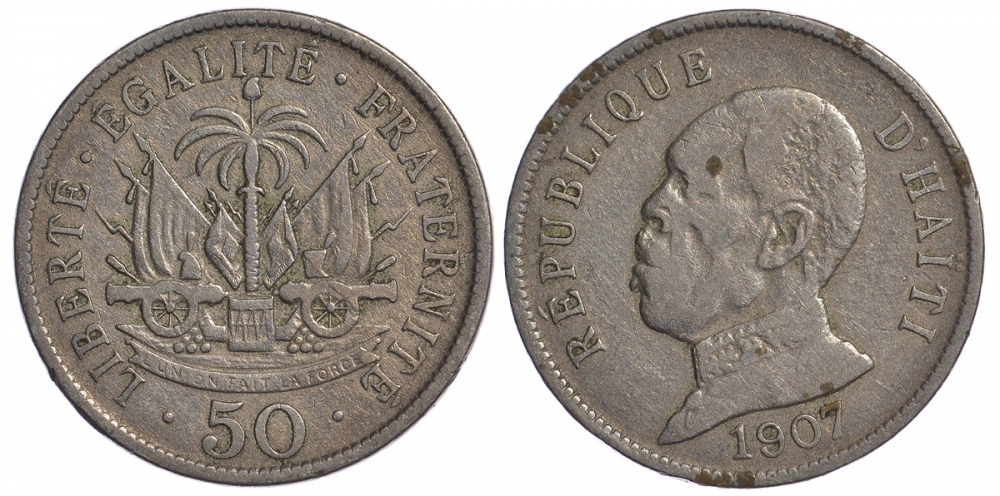 Гаити 50 сантимов 1907 Президент Пьер Нор Алексис KM 56 медно-никель 272-624