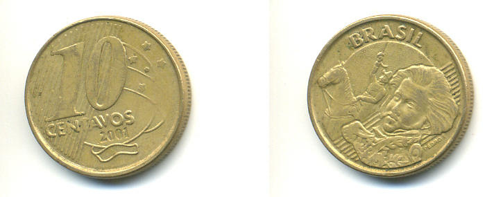 БРАЗИЛИЯ 10 СЕНТАВО 2001 KM 649.2 сталь плакированная латунью 176-725