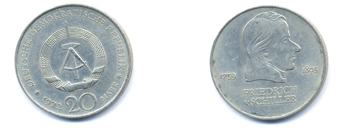 ГДР 20 марок 1972 А, Фридрих Шиллер (1759-1805) KM 40 медно-никель 3333-746