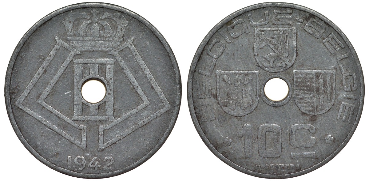 Бельгия 10 сантимов 1942 Леопольд III, Belgique-Belgie KM 126 цинк 4163-156