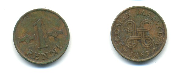 Финляндия 1 пенни 1963 первый год KM 44 медь 80-832