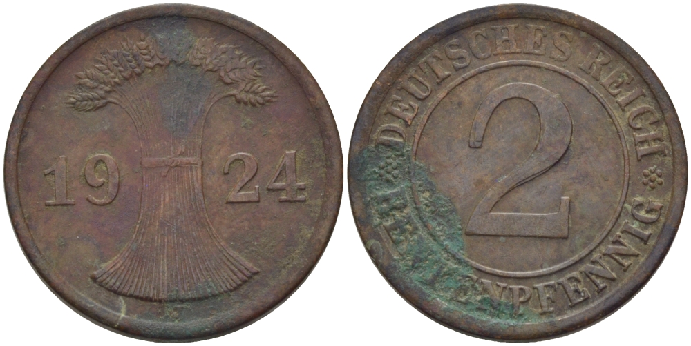 ГЕРМАНИЯ 2 РЕНТЕНПФЕННИГА 1924 J KM 31, J. 307 бронза 100-318