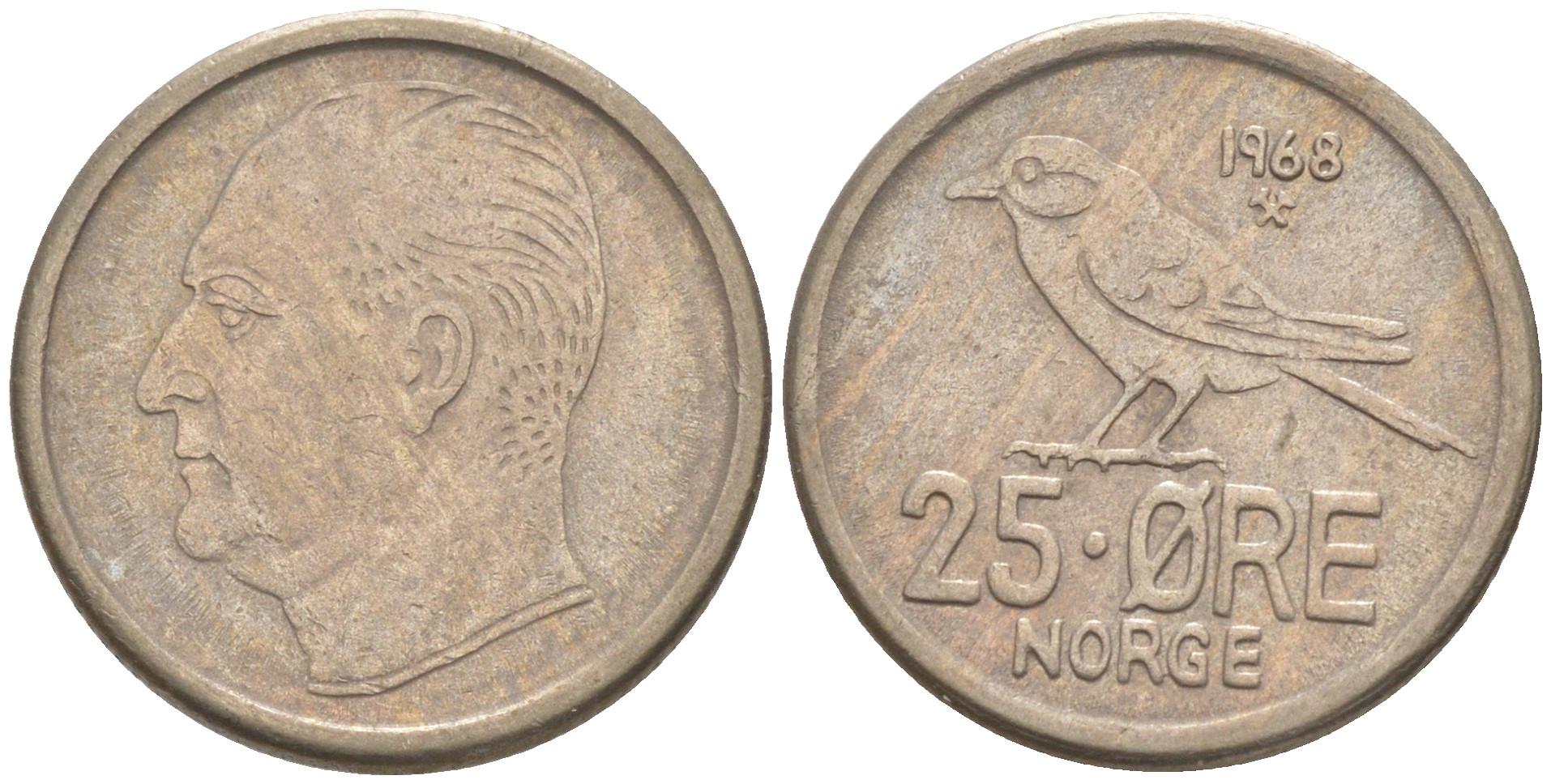 Норвегия 25 эре 1968 Улаф V (1958-1991), синица KM 407 медно-никель 187-763