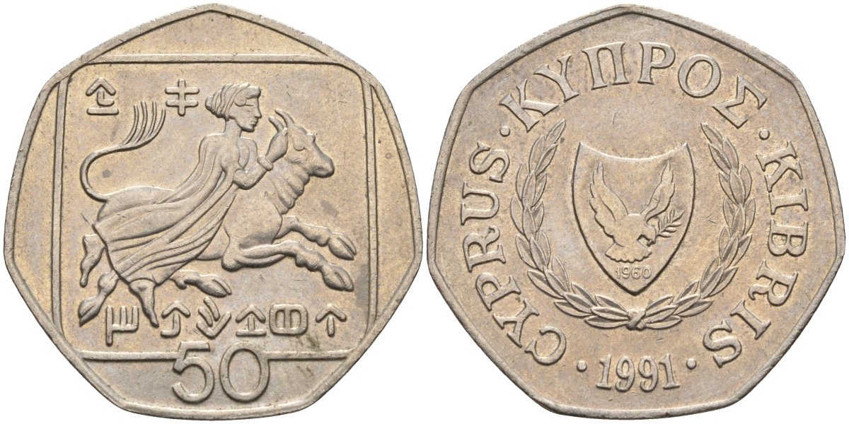 Кипр 50 центов 1991 похищение Европы KM 66 медно-никель 4141-1225
