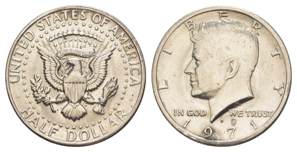 США 1/2 доллара (50 центов) 1971 D, Джон Кеннеди KM 202b медь плакированная медно-никелем aUNC 111-414